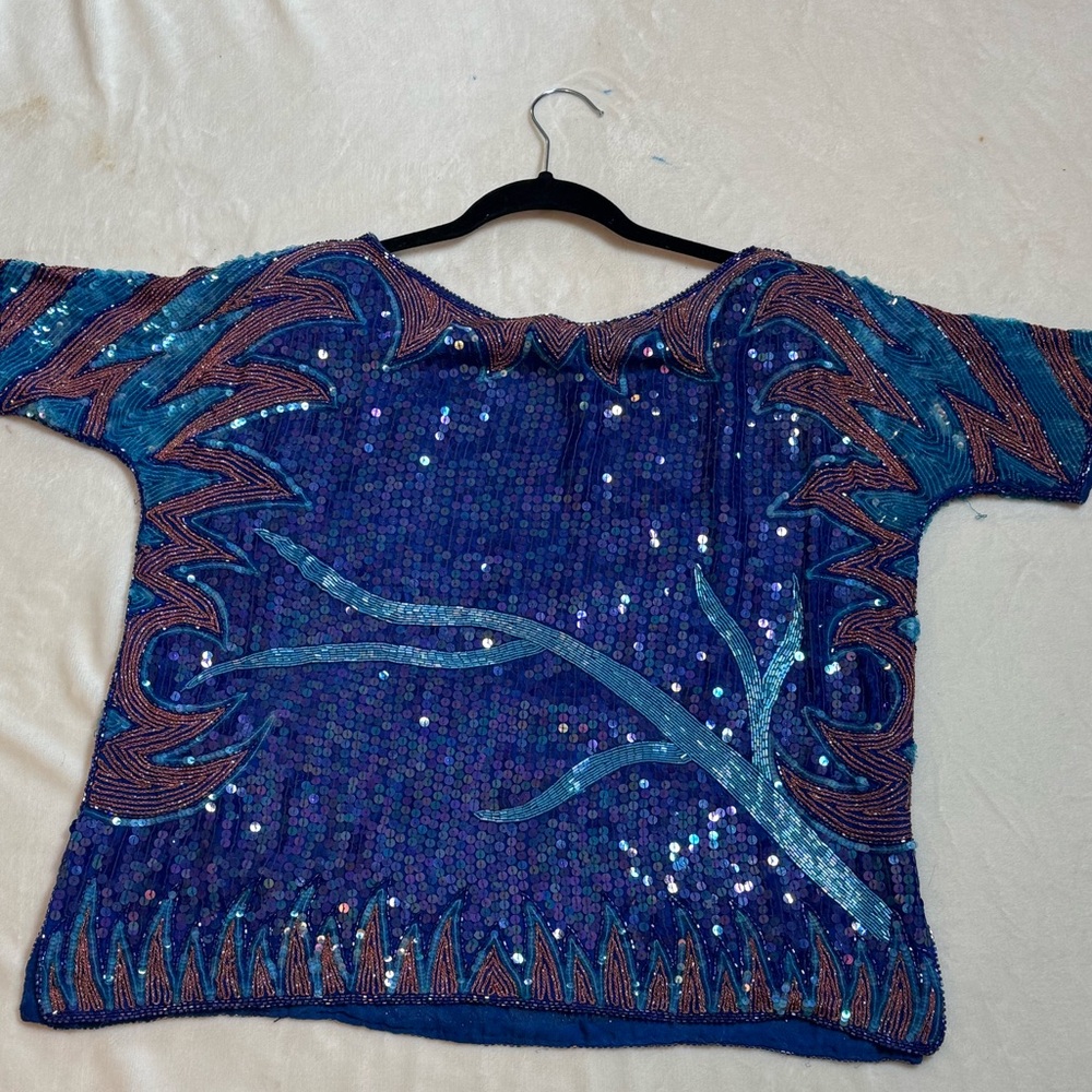 Blue and Purple Sequin Top with Bird Design - Picture 7 of 7